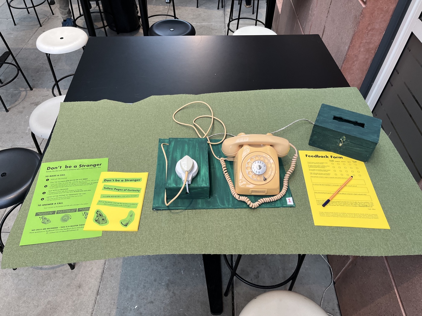 A beige Ericsson Dialog on a green felt-covered café table, with the instruction sheet, a feedback form and a drop box.