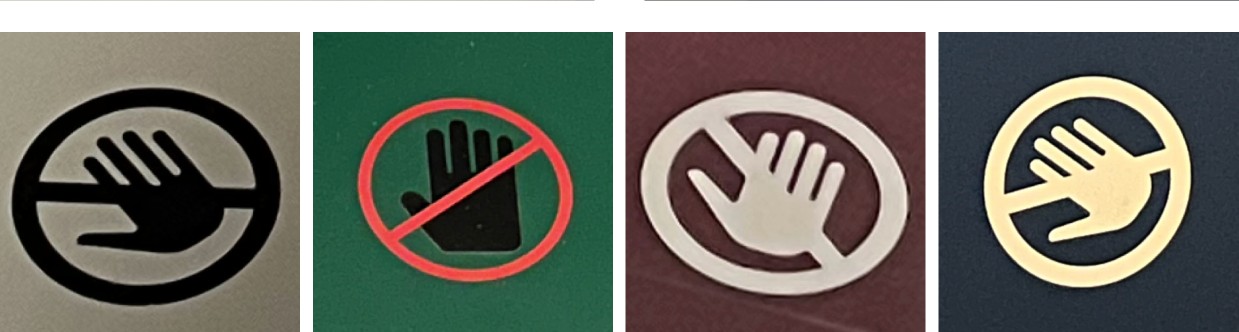 Four different 'do not touch' hand icons, in four different visual styles, photographed at four museums in and around Gothenburg.