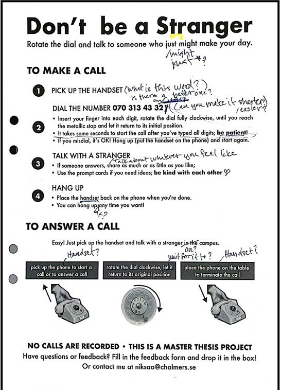 The same leaflet covered in handwritten student notes: questions about the word handset, requests to shorten, and a missing instruction to wait.