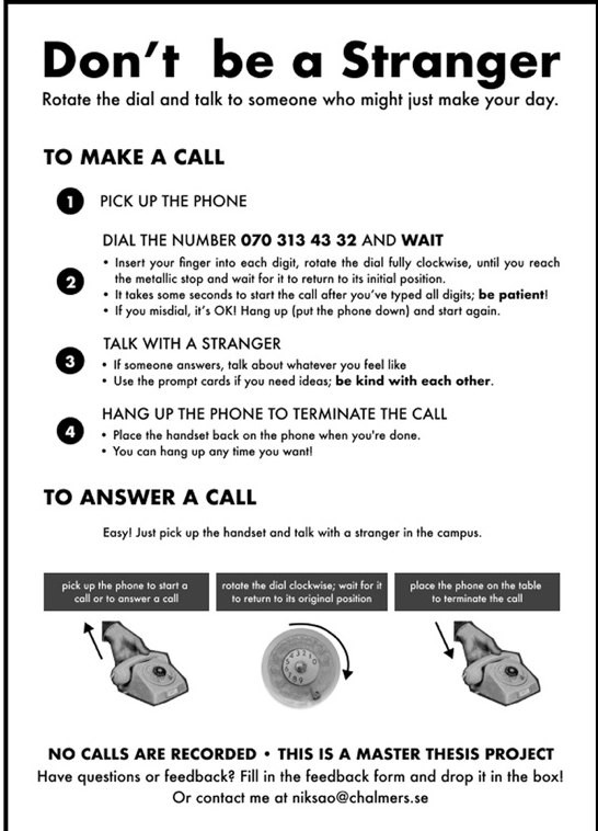 Version 1.0 of the leaflet: pick up the phone, dial the number and wait, talk with a stranger, hang up the phone to end the call.