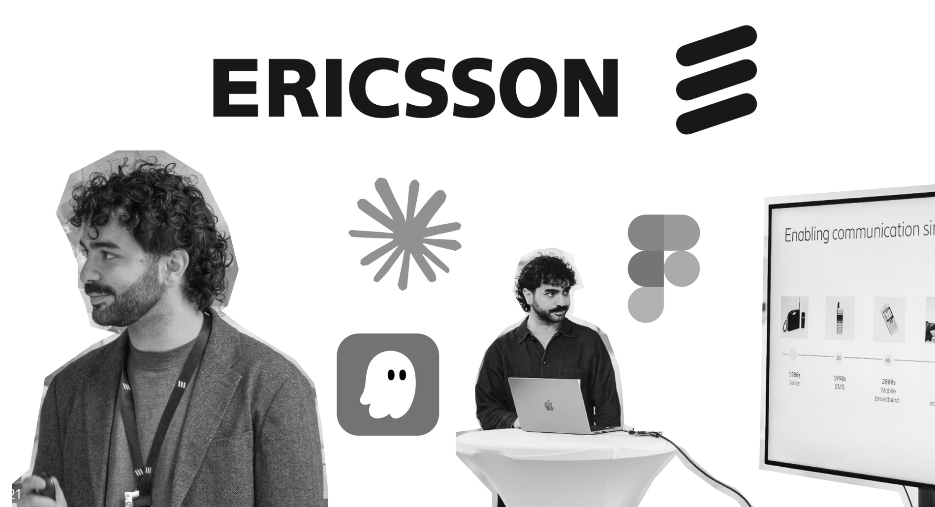 A black-and-white collage: Nikos presenting at the Ericsson Developer Conference, the Ericsson logo, and a slide on the history of enabling communication.