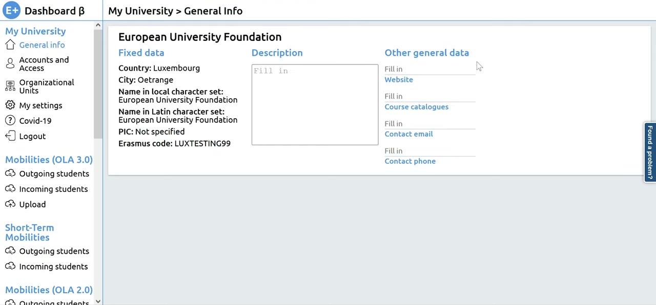 The old Dashboard β, My University general info page: a long sidebar of module links, small blue headings and an empty description field.