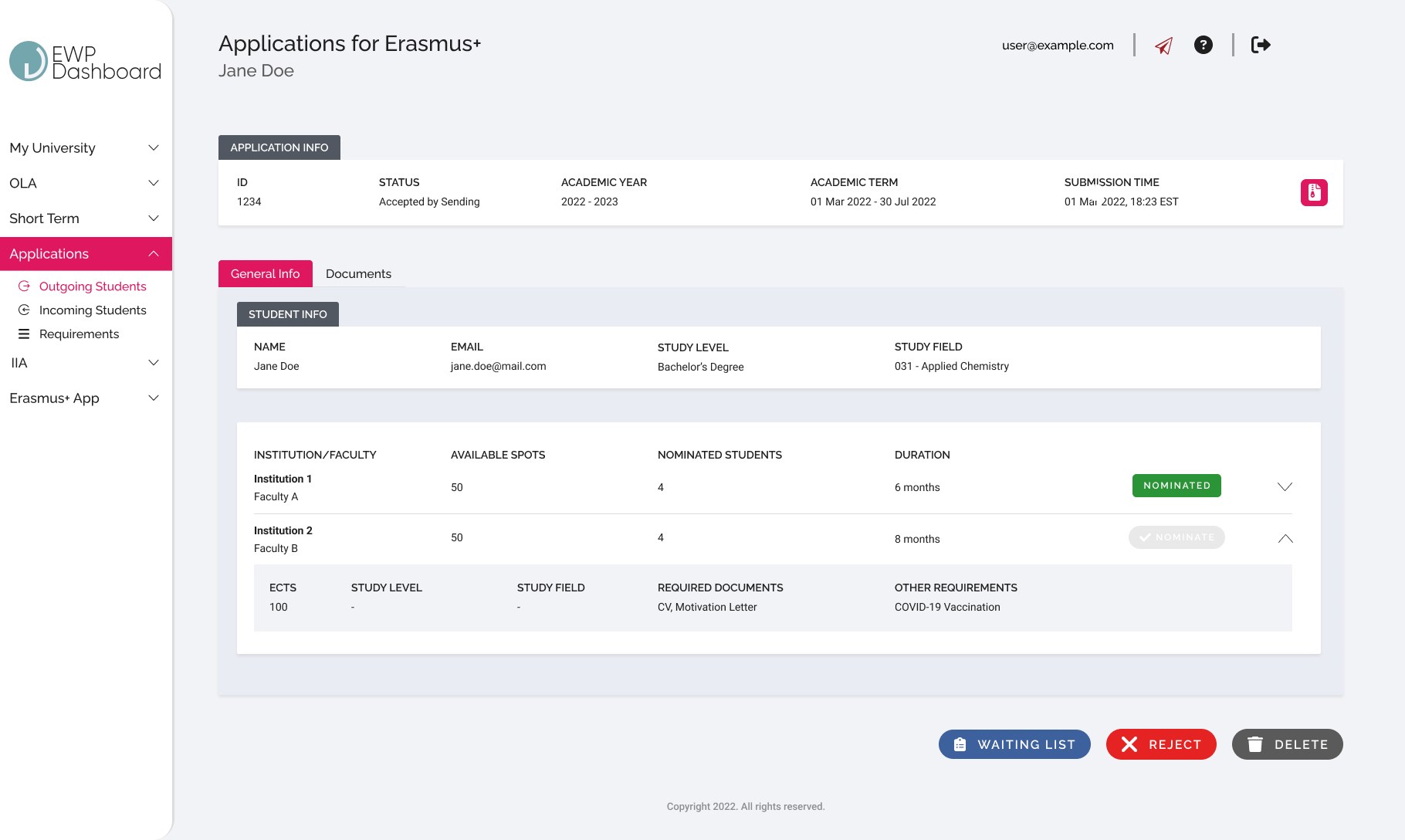 The redesigned dashboard on desktop: an Erasmus+ application record with the module sidebar, status colours and action buttons.