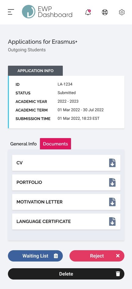The same application on a phone: application info, then a documents tab listing the files.