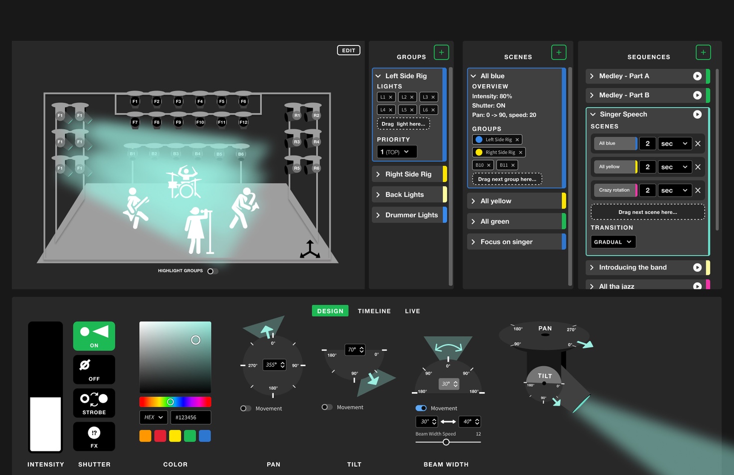 The LightHouse app: a dark-mode interface for grouping stage lights, building scenes and sequences, with a 3D stage preview.