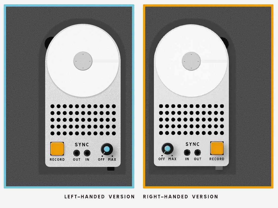 Left-handed and right-handed versions of Synodia side by side. The record button, the volume knob and the spark wheel swap sides.