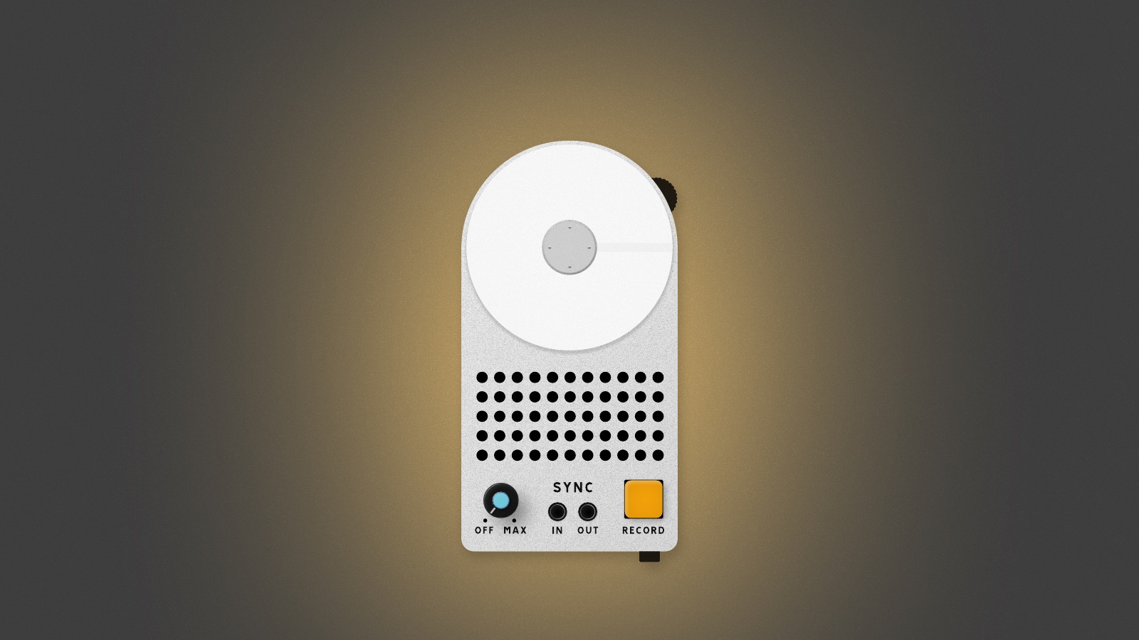 A render of Synodia: a white, rounded portable device with a large disc on top, a speaker grille, a sync jack pair and an orange record button, lit from behind in warm gold.