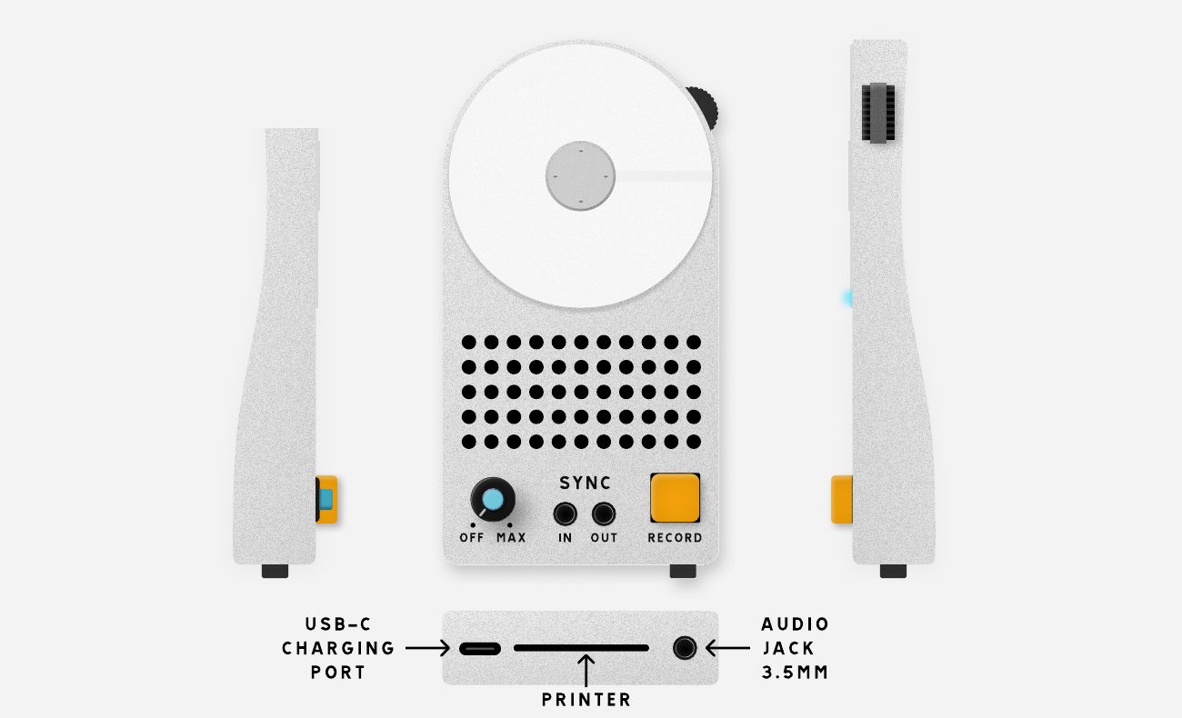 Synodia from the front, both sides and below, labelled: the volume knob, the SYNC IN and OUT jacks, the record button, and underneath a USB-C charging port, the printer slot and a 3.5 mm audio jack.
