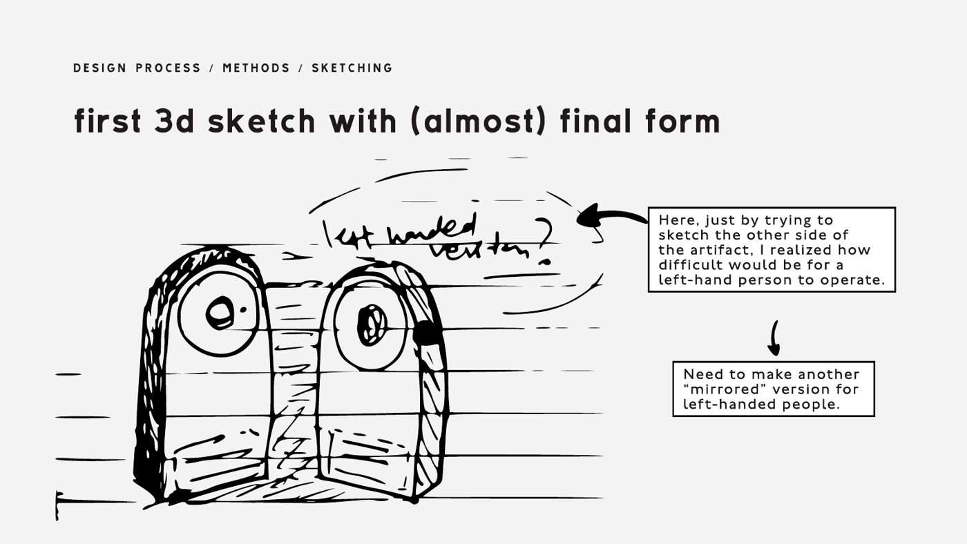 The first 3D sketch of the almost final form, with a note about a left-handed version.